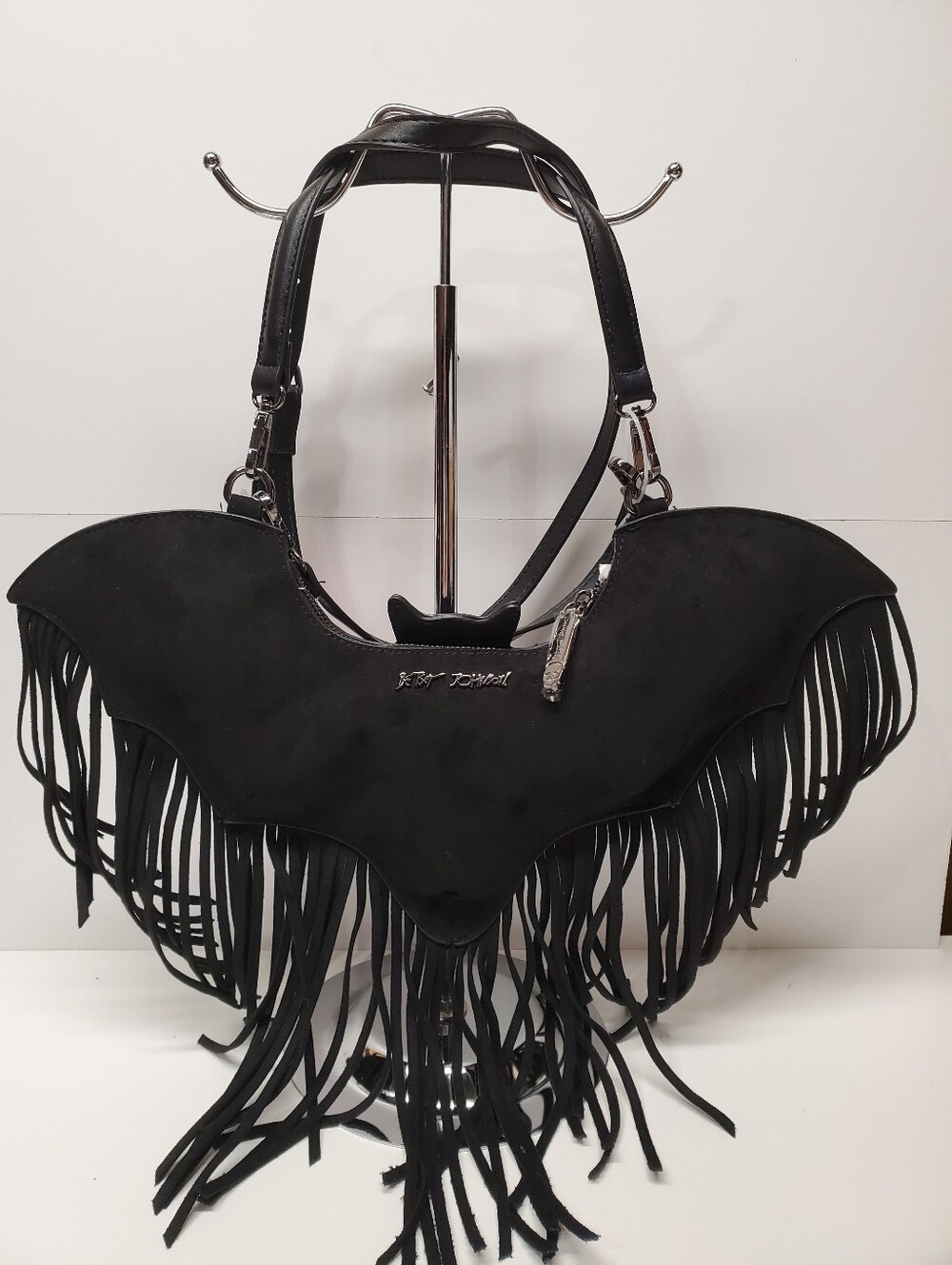 Betsey Johnson Faux Suede Fringe Bat-Shaped Crossbody Bag Zip W Detachabke Strap